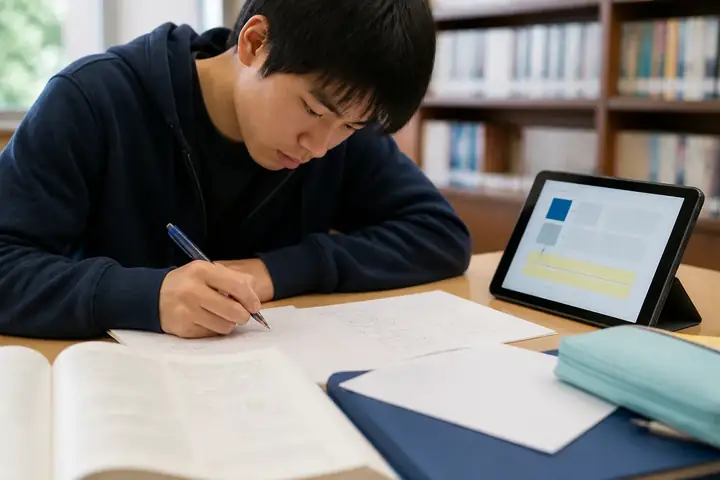 学生在纸上解答数学题并参考平板给出的分步提示