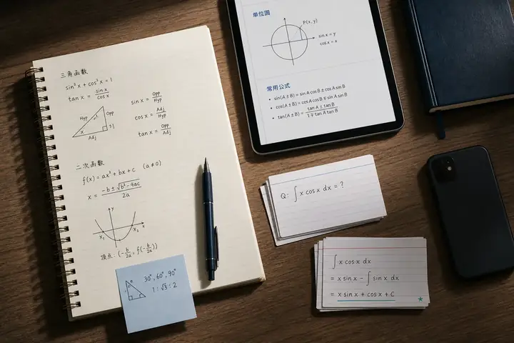 手写数学笔记、平板课程资料和主动回忆卡片组成的混合学习桌面